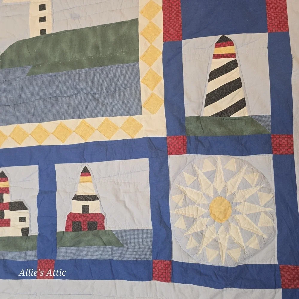 Nautical Blanket Quilt Lighthouse Beach Boat Blue Red Black Queen Size Duvet